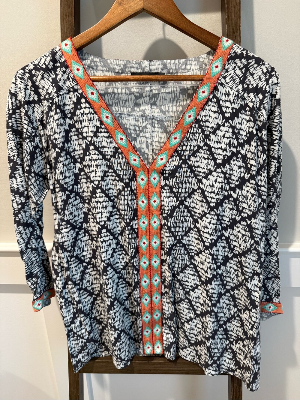 THML Black & White Printed Tunic with Coral & Turquoise Trim